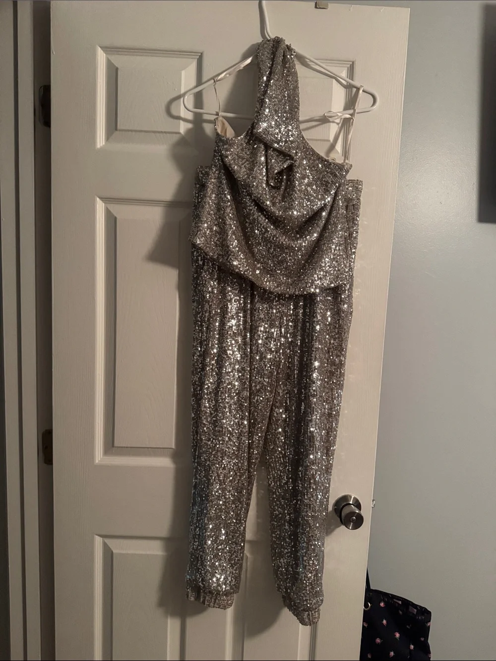 Gianni Bini Silver Sequin One-Shoulder Jumpsuit